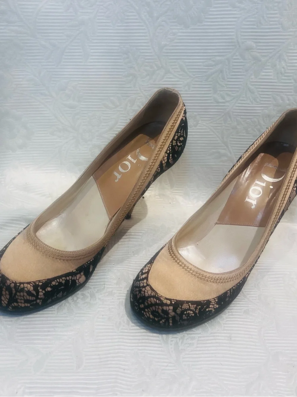 Christian Dior Women High Heel Shoes 7.5 Size 38 Tan Black Filigree Lace 3